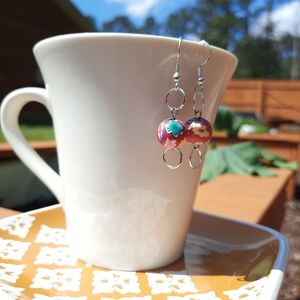 Red Floral Circle Silver Dangle Earrings